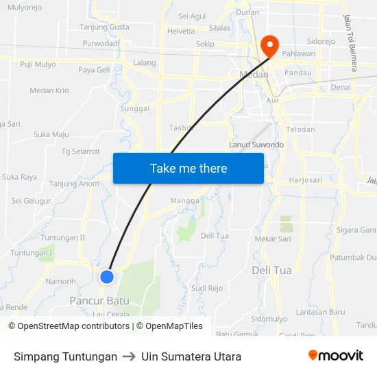 Simpang Tuntungan to Uin Sumatera Utara map