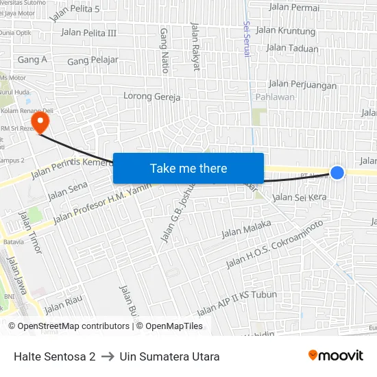 Halte Sentosa 2 to Uin Sumatera Utara map