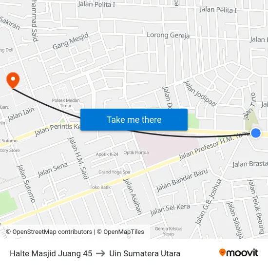 Halte Masjid Juang 45 to Uin Sumatera Utara map