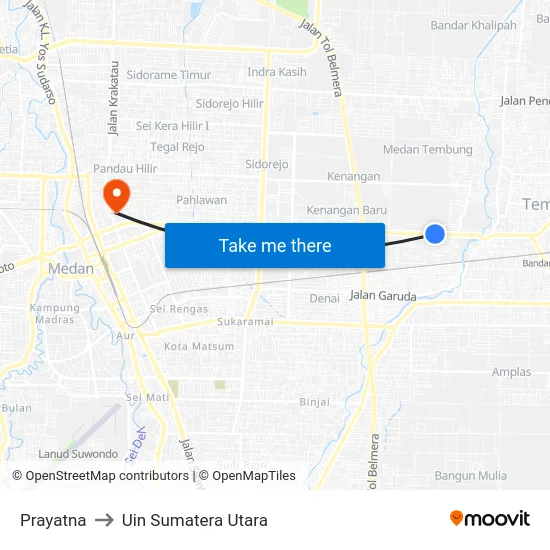 Prayatna to Uin Sumatera Utara map