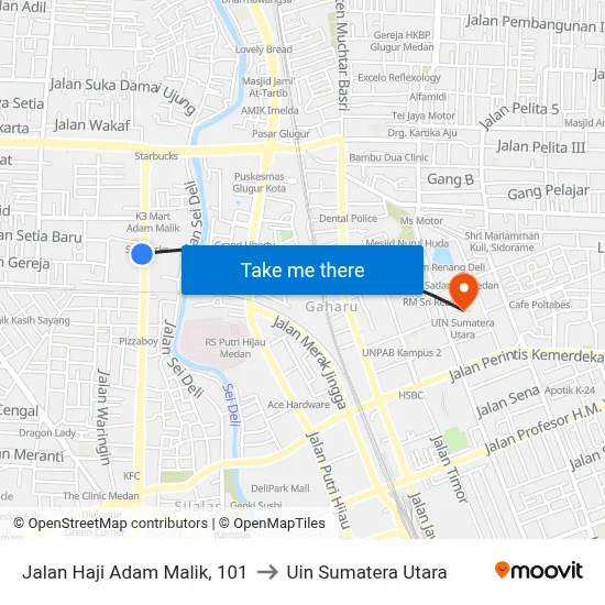 Jalan Haji Adam Malik, 101 to Uin Sumatera Utara map