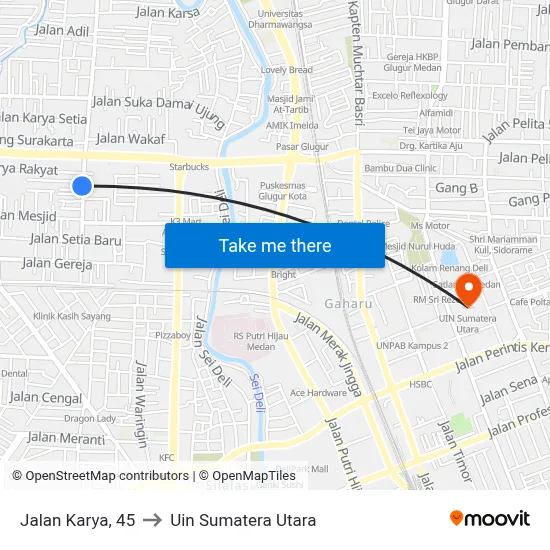 Jalan Karya, 45 to Uin Sumatera Utara map