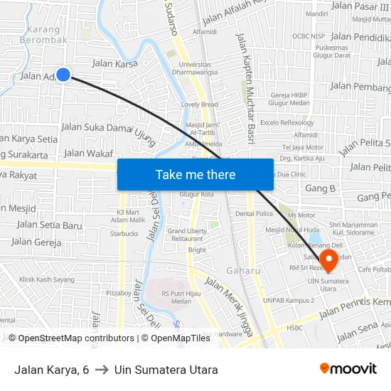 Jalan Karya, 6 to Uin Sumatera Utara map