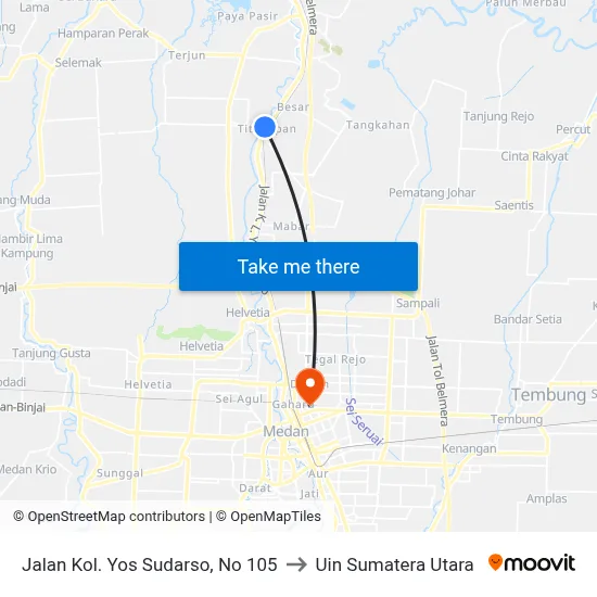 Jalan Kol. Yos Sudarso, No 105 to Uin Sumatera Utara map
