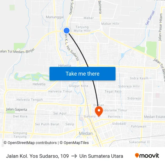 Jalan Kol. Yos Sudarso, 109 to Uin Sumatera Utara map