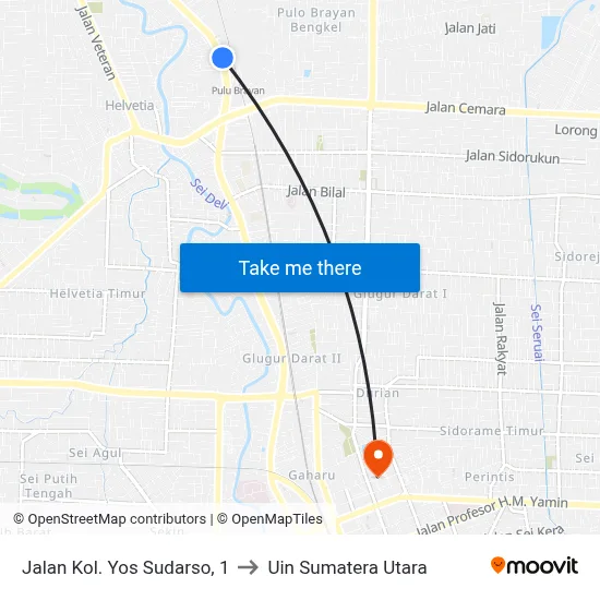 Jalan Kol. Yos Sudarso, 1 to Uin Sumatera Utara map