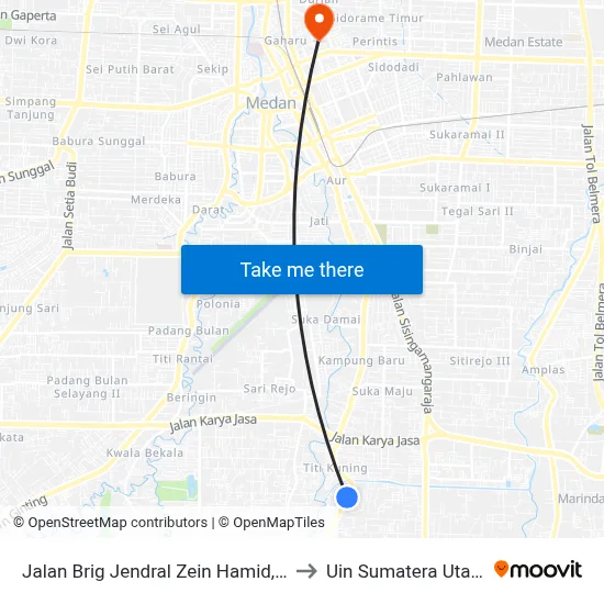 Jalan Brig Jendral Zein Hamid, 2 to Uin Sumatera Utara map