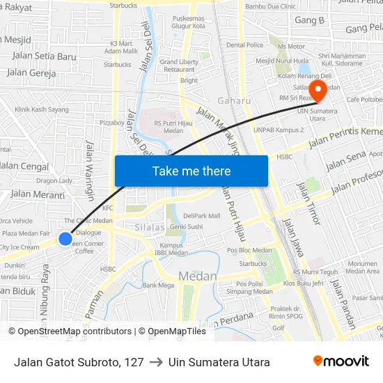 Jalan Gatot Subroto, 127 to Uin Sumatera Utara map