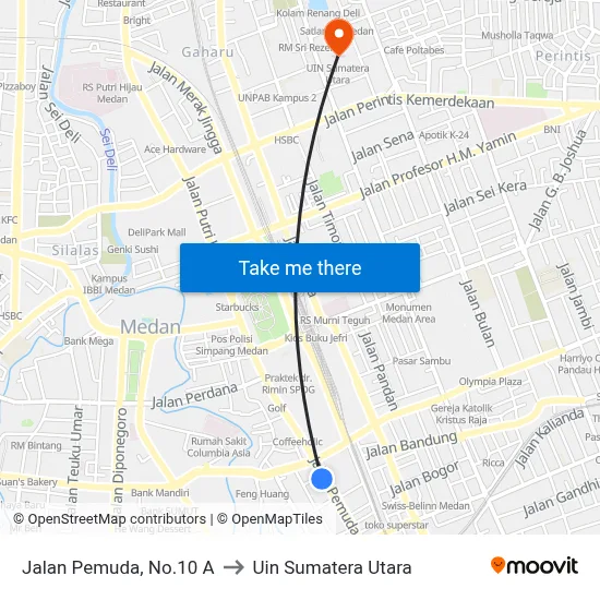 Jalan Pemuda, No.10 A to Uin Sumatera Utara map
