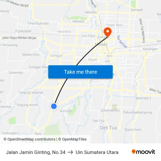 Jalan Jamin Ginting, No.34 to Uin Sumatera Utara map