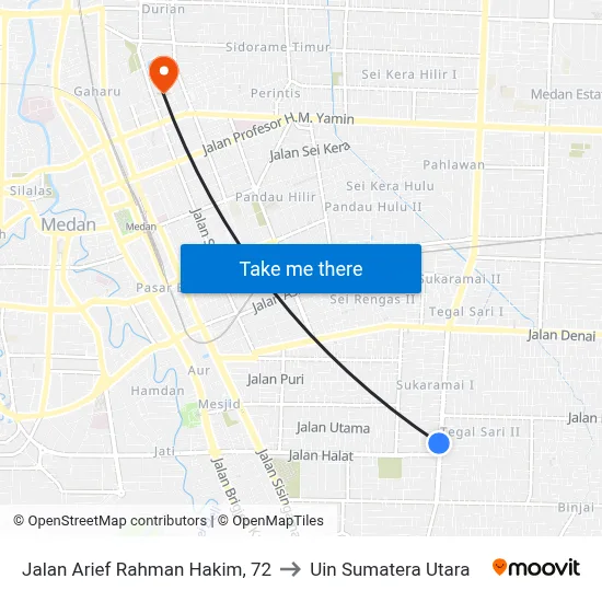 Jalan Arief Rahman Hakim, 72 to Uin Sumatera Utara map