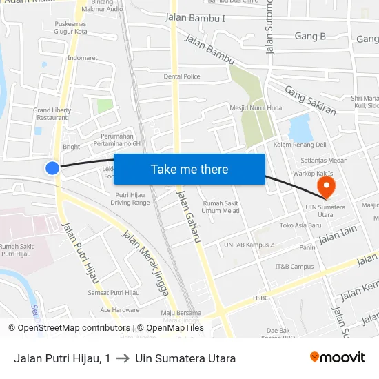 Jalan Putri Hijau, 1 to Uin Sumatera Utara map