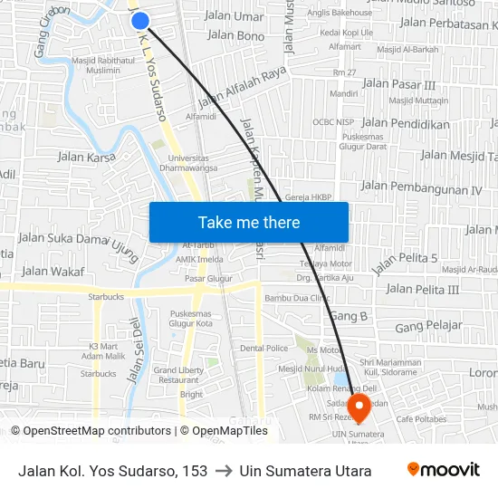 Jalan Kol. Yos Sudarso, 153 to Uin Sumatera Utara map