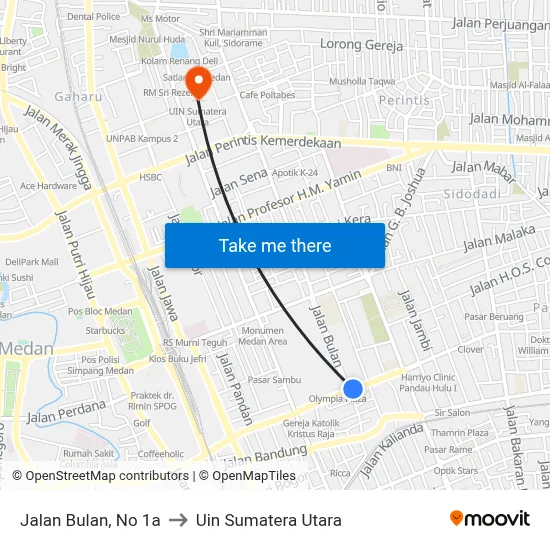 Jalan Bulan, No 1a to Uin Sumatera Utara map