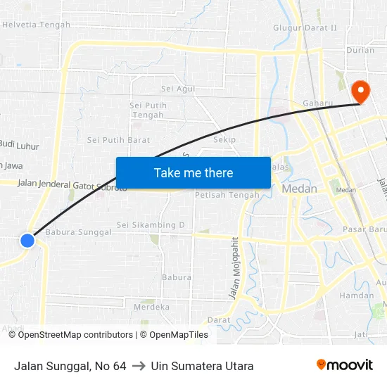 Jalan Sunggal, No 64 to Uin Sumatera Utara map