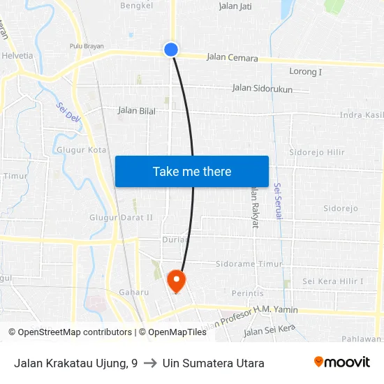 Jalan Krakatau Ujung, 9 to Uin Sumatera Utara map