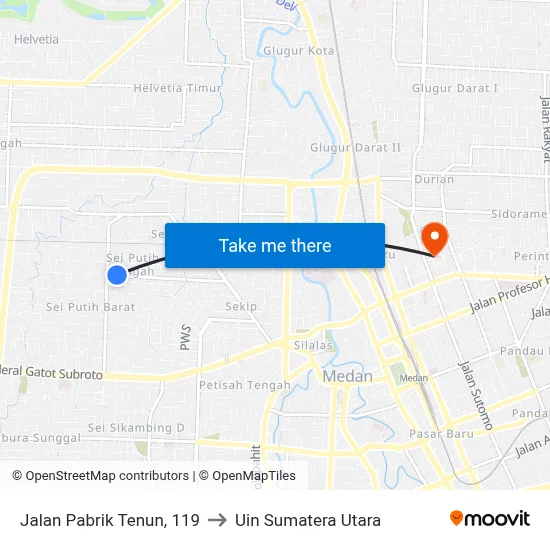 Jalan Pabrik Tenun, 119 to Uin Sumatera Utara map