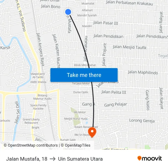 Jalan Mustafa, 18 to Uin Sumatera Utara map