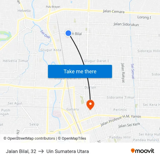 Jalan Bilal, 32 to Uin Sumatera Utara map