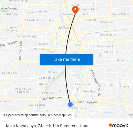 Jalan Karya Jaya, 74a to Uin Sumatera Utara map