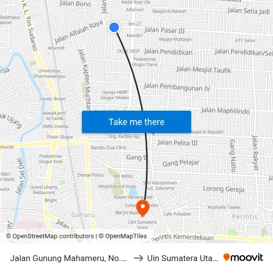 Jalan Gunung Mahameru, No.10 to Uin Sumatera Utara map