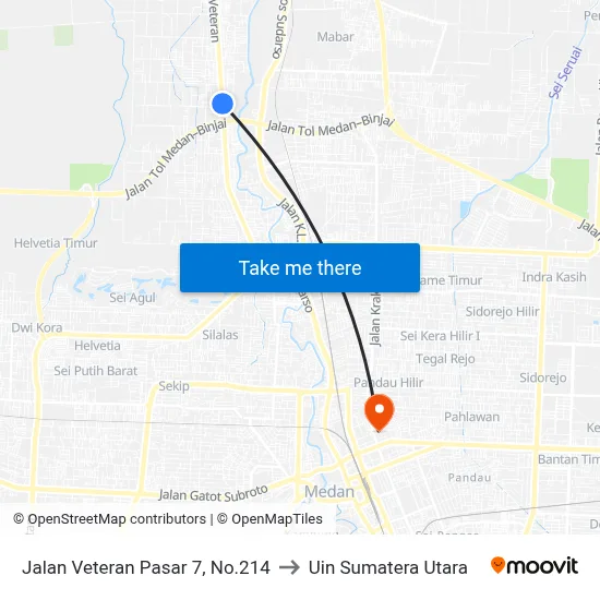 Jalan Veteran Pasar 7, No.214 to Uin Sumatera Utara map