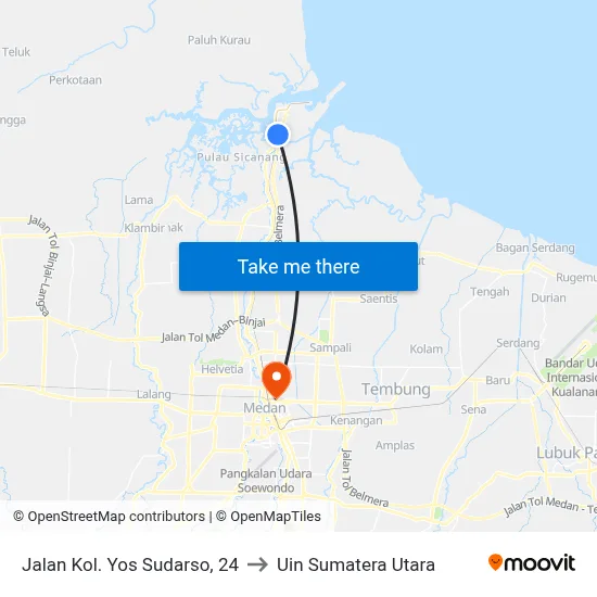 Jalan Kol. Yos Sudarso, 24 to Uin Sumatera Utara map