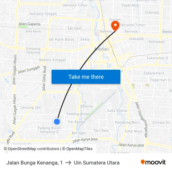 Jalan Bunga Kenanga, 1 to Uin Sumatera Utara map