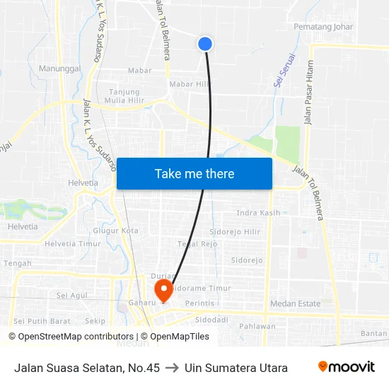 Jalan Suasa Selatan, No.45 to Uin Sumatera Utara map