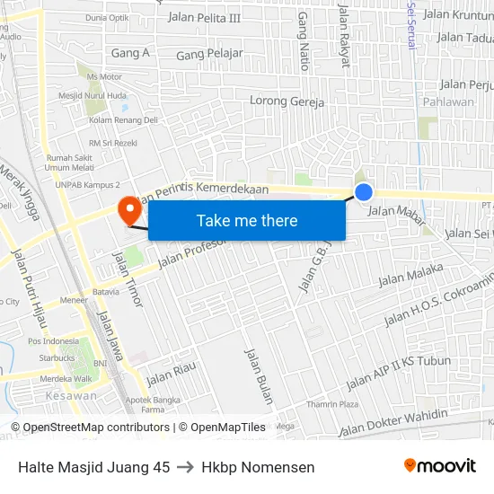 Halte Masjid Juang 45 to Hkbp Nomensen map