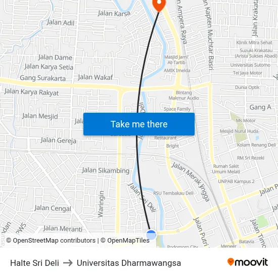 Halte Sri Deli to Universitas Dharmawangsa map