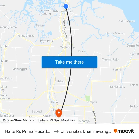 Halte Rs Prima Husada 2 to Universitas Dharmawangsa map
