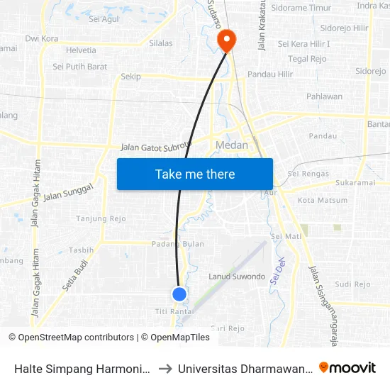 Halte Simpang Harmonika 2 to Universitas Dharmawangsa map