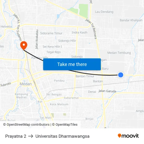 Prayatna 2 to Universitas Dharmawangsa map
