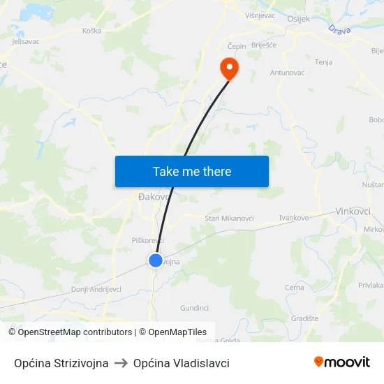 Općina Strizivojna to Općina Vladislavci map