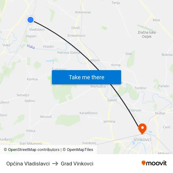 Općina Vladislavci to Grad Vinkovci map