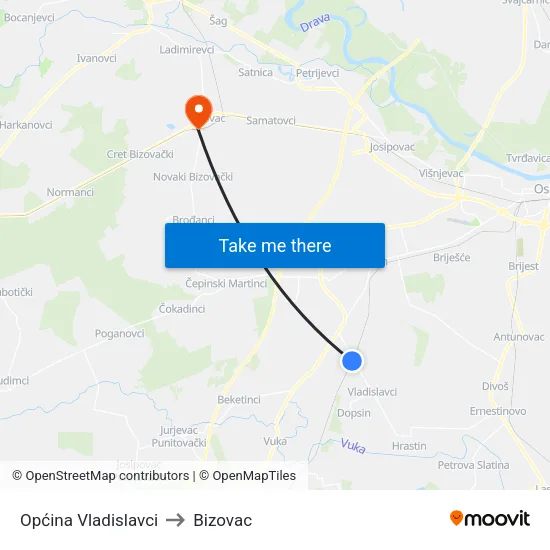 Općina Vladislavci to Bizovac map