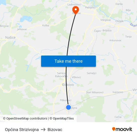 Općina Strizivojna to Bizovac map