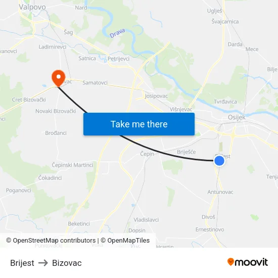Brijest to Bizovac map