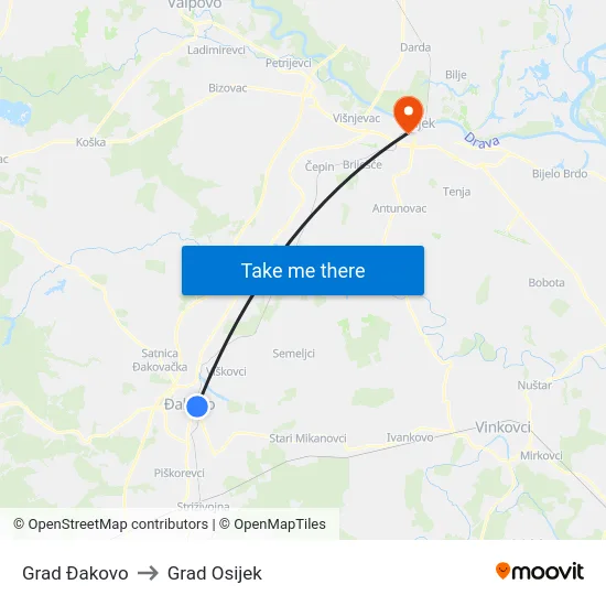 Grad Đakovo to Grad Osijek map