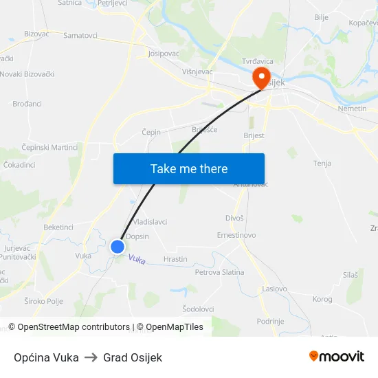Općina Vuka to Grad Osijek map