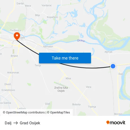 Dalj to Grad Osijek map