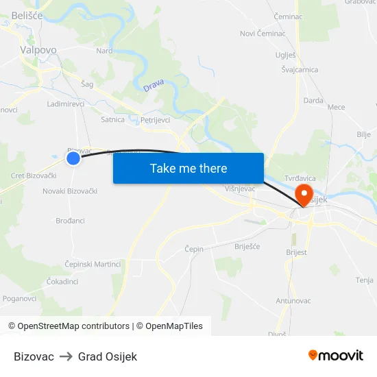 Bizovac to Grad Osijek map
