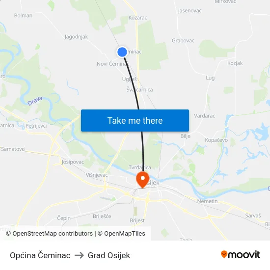 Općina Čeminac to Grad Osijek map