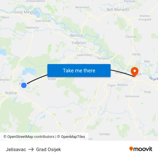 Jelisavac to Grad Osijek map