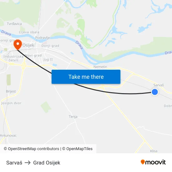 Sarvaš to Grad Osijek map