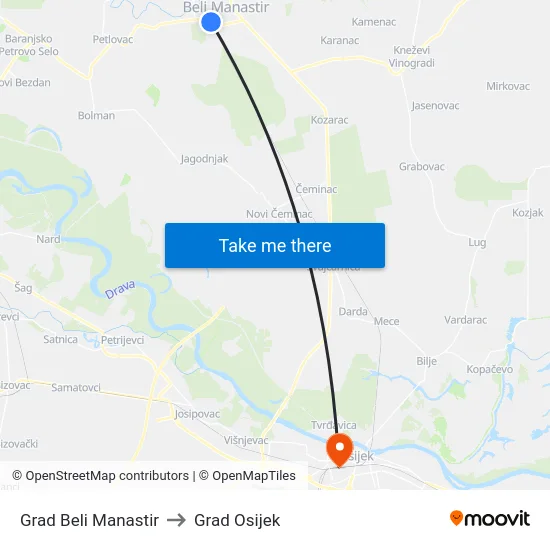Grad Beli Manastir to Grad Osijek map