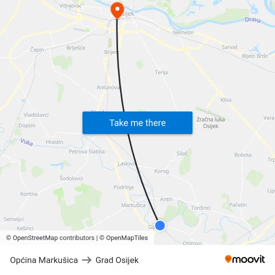 Općina Markušica to Grad Osijek map