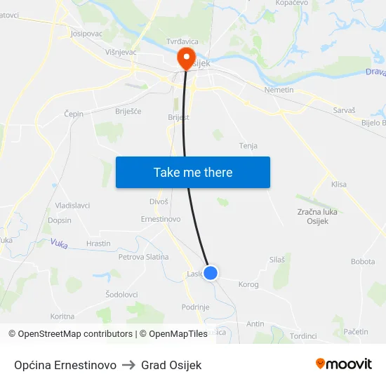 Općina Ernestinovo to Grad Osijek map