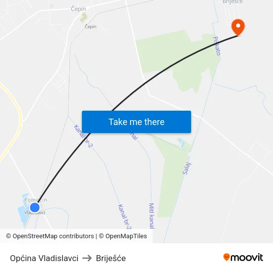 Općina Vladislavci to Briješće map